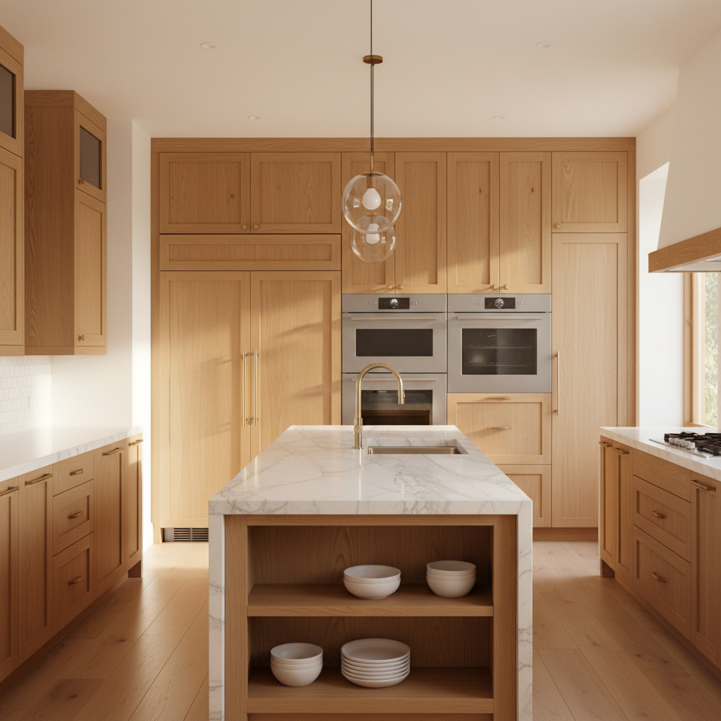 Upscale kitchen with integrated refrigerator and wall oven
